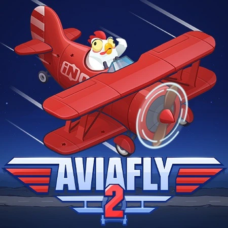 Red biplane with a chicken pilot, "Aviafly 2" logo