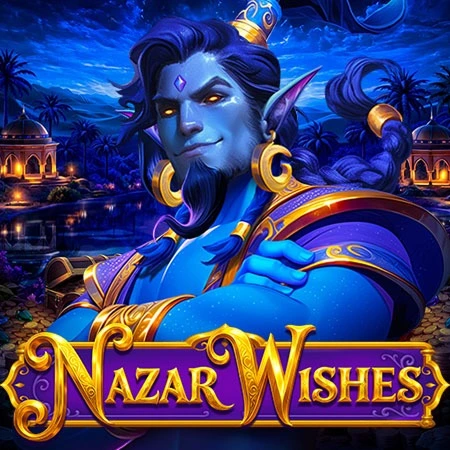 Blue genie with gold trim, "Nazar Wishes" text, desert night scene