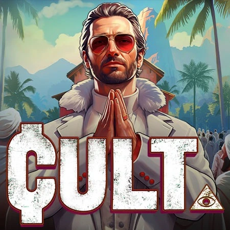 Cult leader with hands clasped, praying to a crowd, with the word "CULT" and an eye symbol
